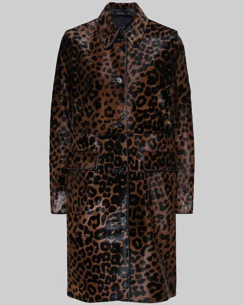 Step Into Chic with Hailey Bieber Leopard Pattern Brown Leather Coat