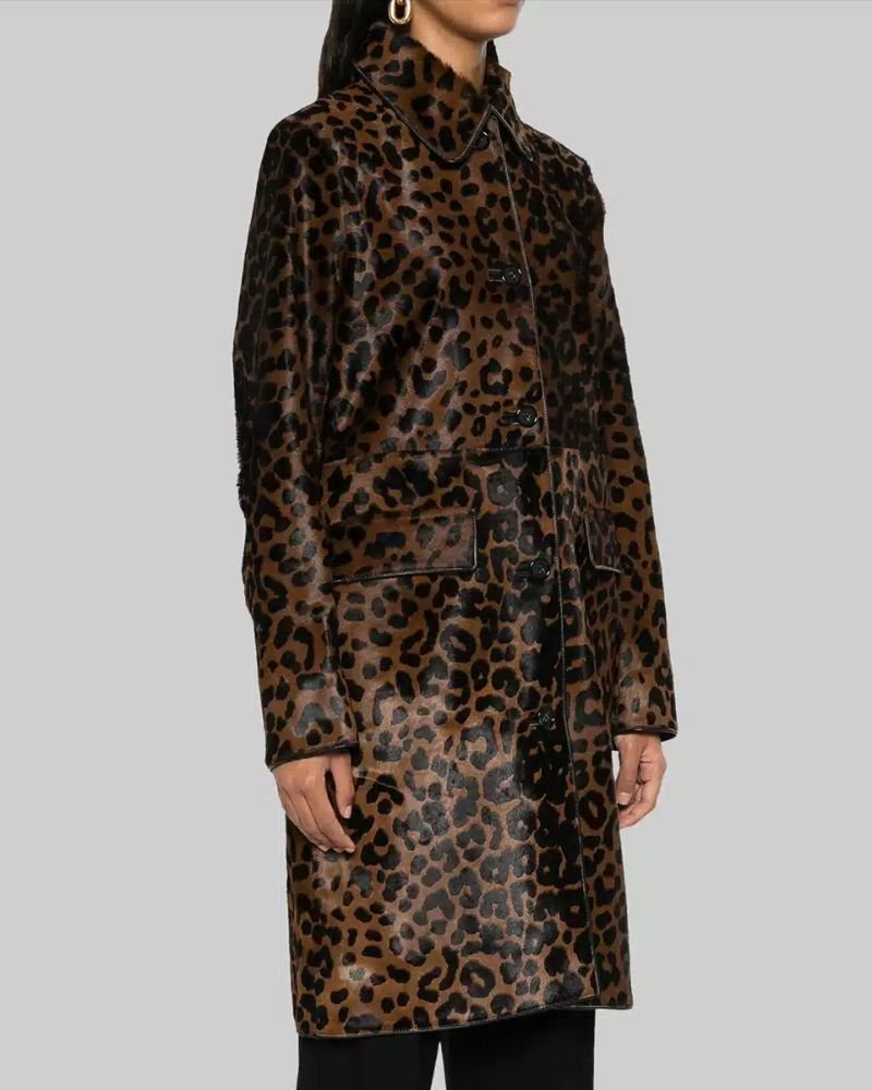 Celebrity-Inspired Leopard Print Brown Leather Coat by Hailey Bieber