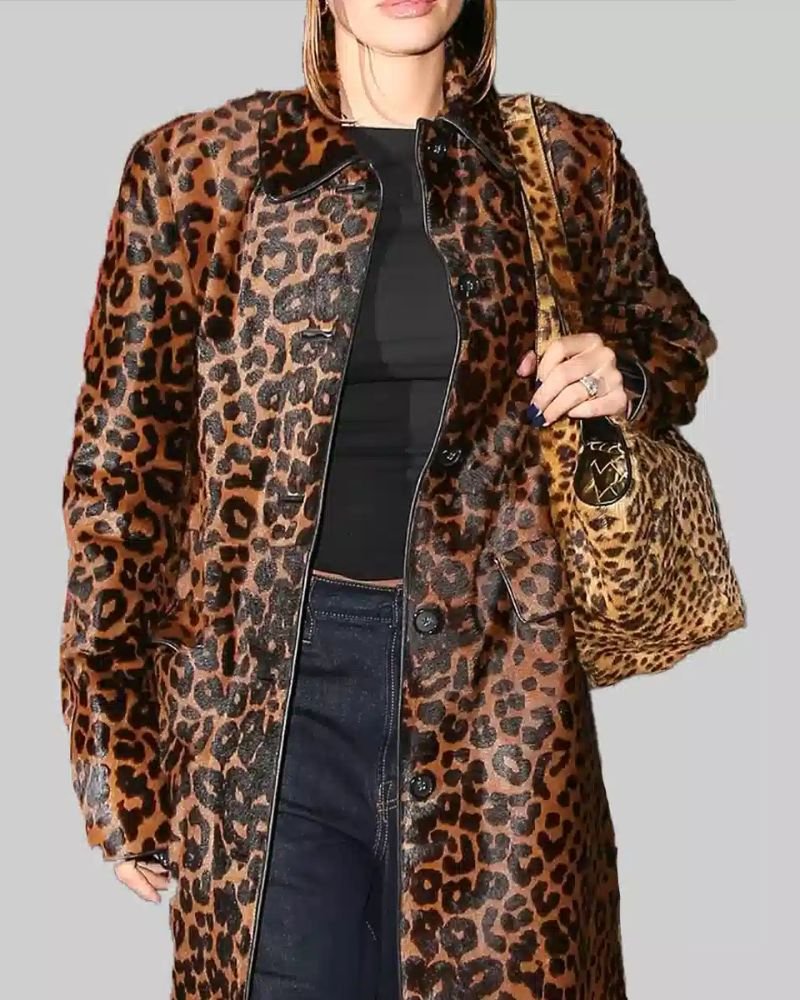 Hailey Bieber Leopard Print Brown Leather Coat  Iconic Street Style