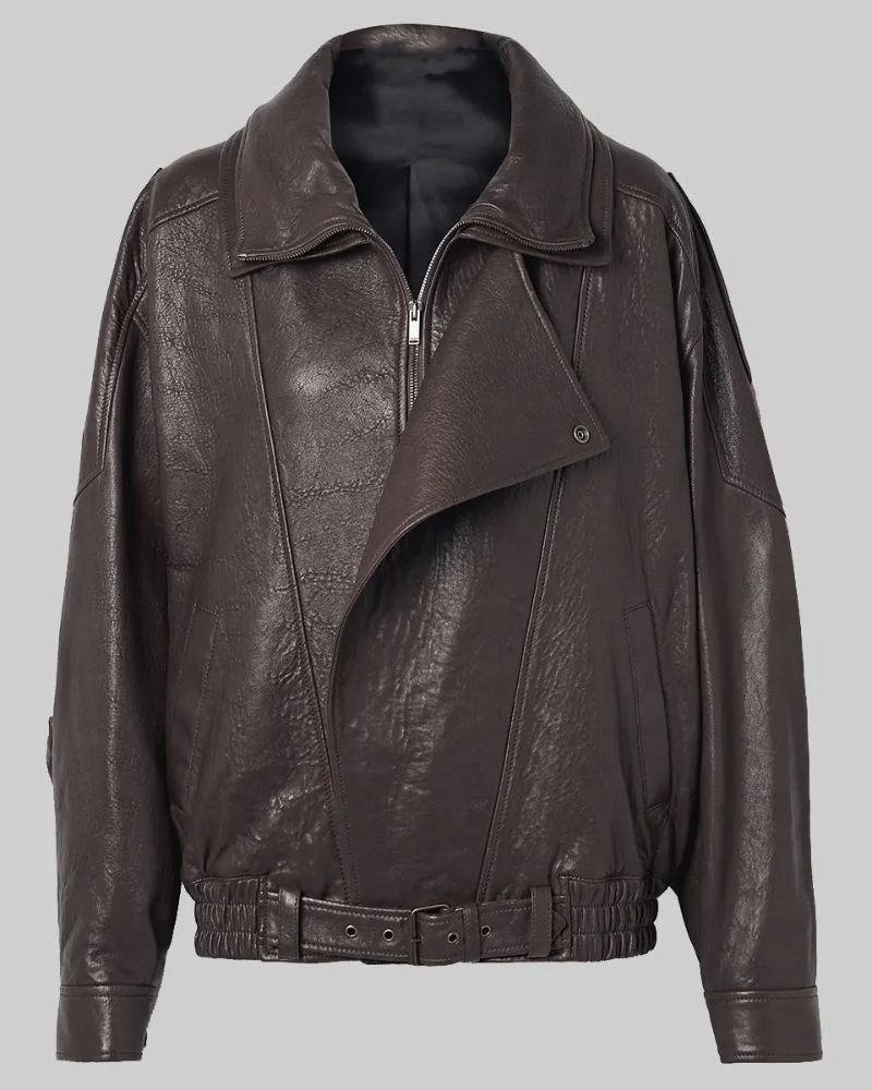 Trendsetting Hailey Bieber Brown Leather Jacket in Oversized Fit  Shop Now