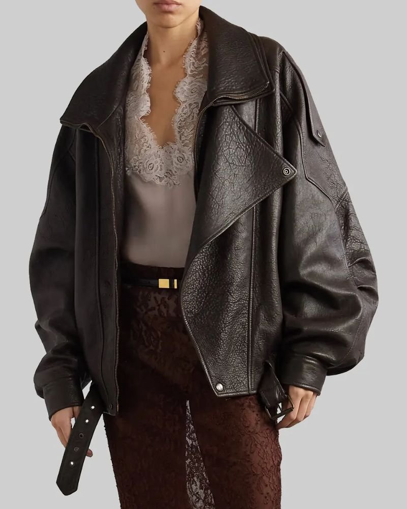 Hailey Bieber Brown Leather Jacket Oversized Edition  Celebrity Inspired Outfit