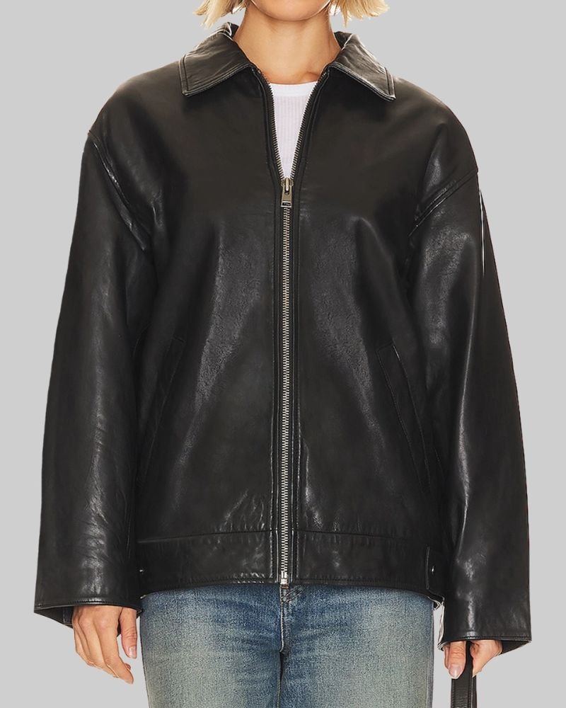Hailey Bieber Oversized Classic Black Leather Jacket  Iconic Streetwear Look