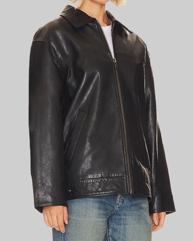 Get the Trendy Hailey Bieber Oversized Black Leather Jacket  Shop Now