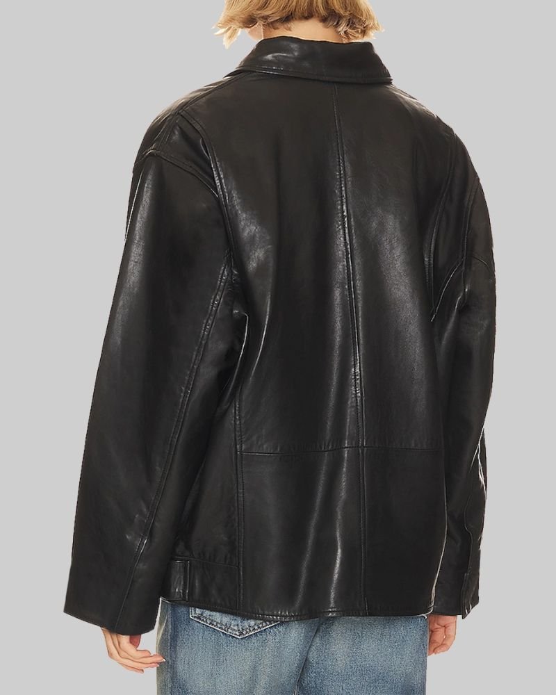 Hailey Bieber Classic Black Leather Jacket in Oversized Fit  Celebrity Style