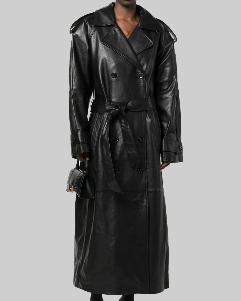Hailey Bieber Black Leather Trench Coat  Iconic Celebrity Outerwear