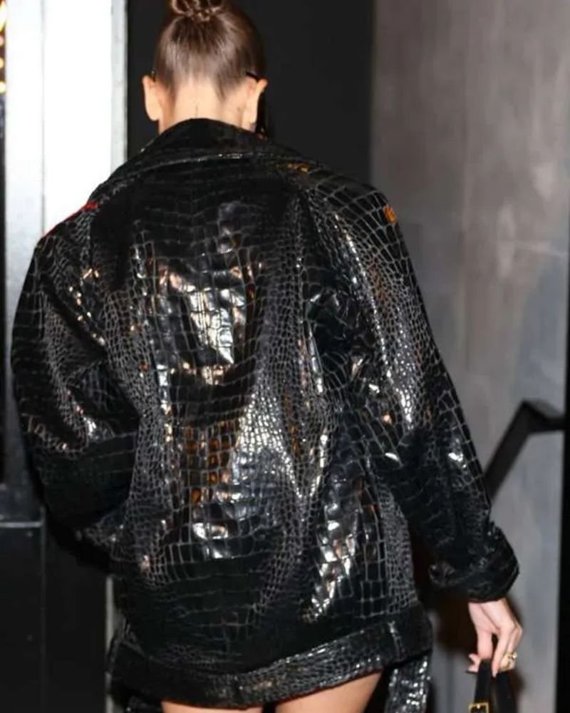 Paris Fashion Week Hailey Bieber Black Leather Jacket  Trendy Celebrity Look