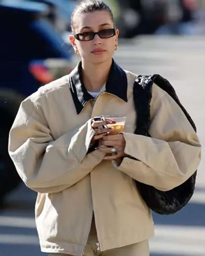Hailey Bieber Style Neutral Beige Denim Trucker Jacket for Women