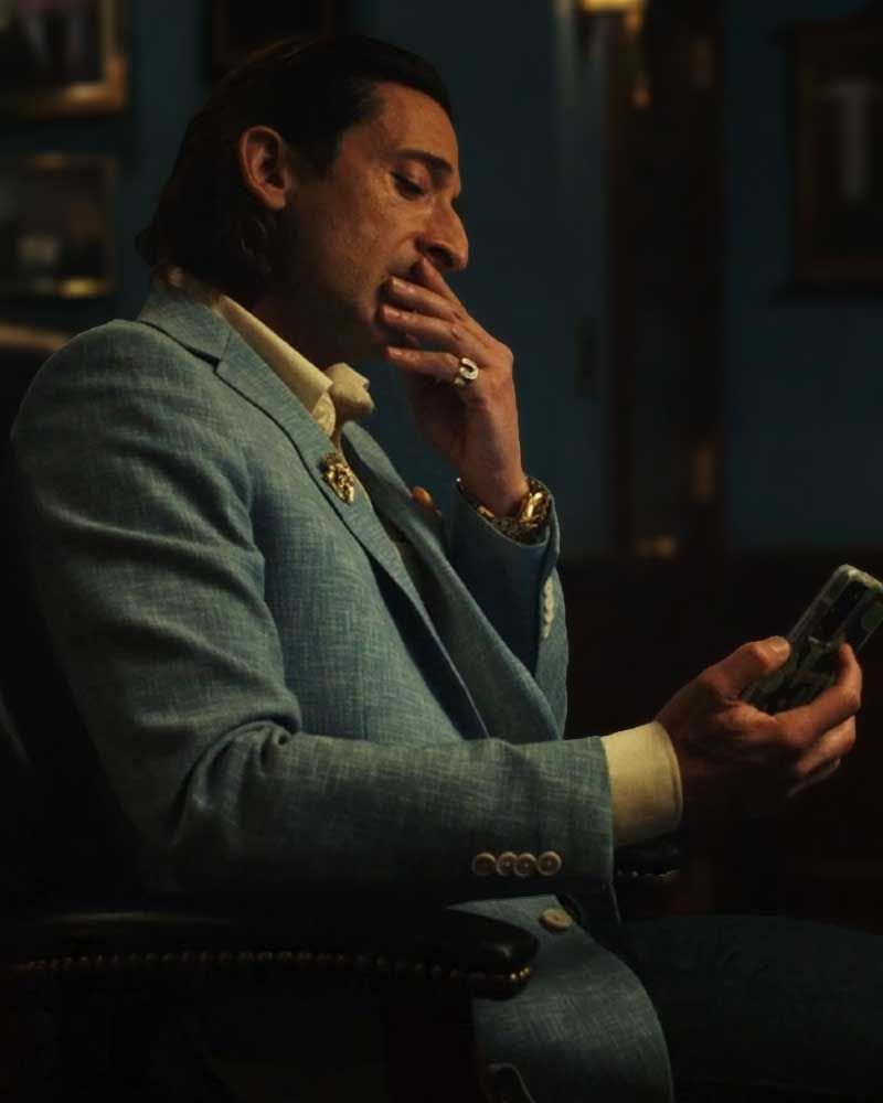 Step Into Sophistication with Adrien Brody’s Blue Blazer from Poker Face