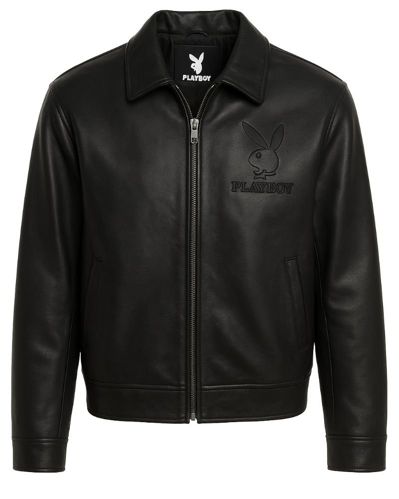 Playboy Signature Black Leather Bomber Jacket
