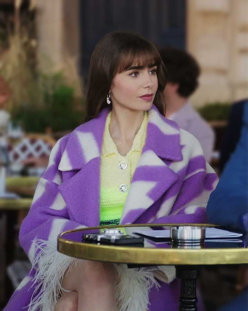 Stylish Lily Collins Emily in Paris Purple Wool Coat  Modern Chic Wear