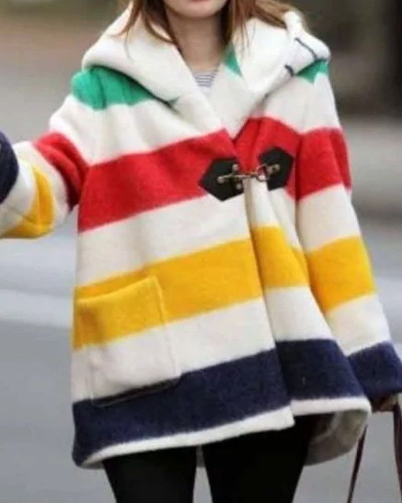 Stay Warm in Style with the Classic Hudson Bay Stripe Wool Coat