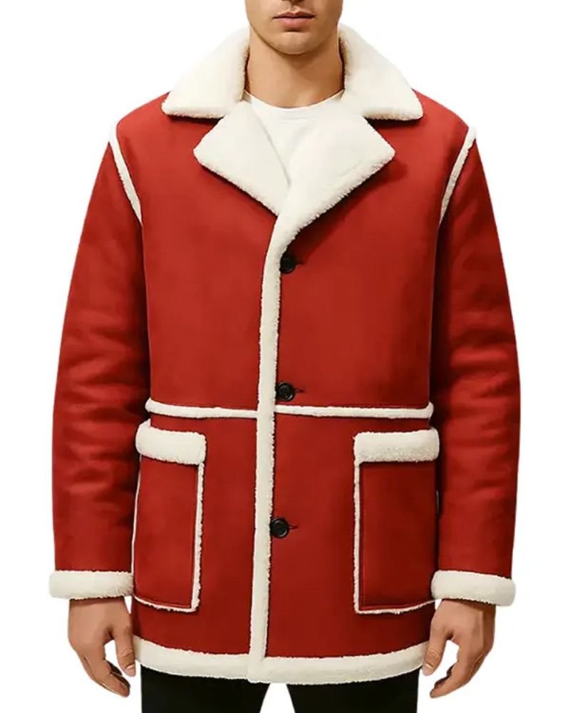 Red Shearling Santa Jacket for Men  Perfect Christmas Celebration Look