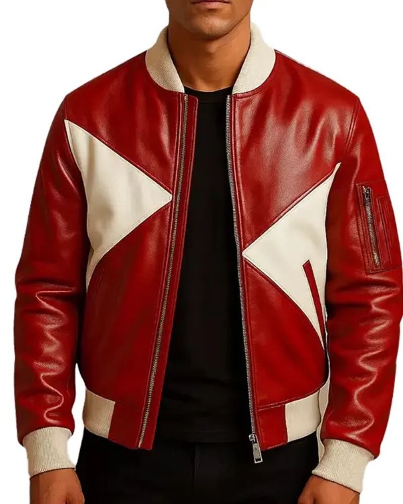 Men’s Christmas Red and White Star Leather Jacket