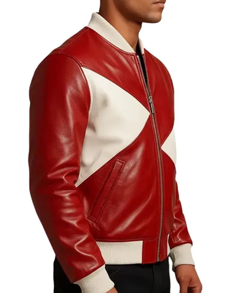 Holiday Season Men’s Red and White Star Leather Jacket  Premium Leather Look