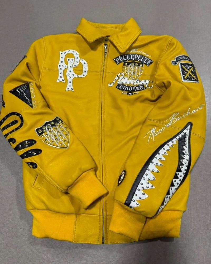 Pelle Pelle Yellow Leather Jacket with Studs & Patches Urban Fashion Icon