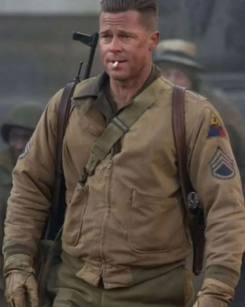Brad Pitt Fury Khaki Cotton Jacket