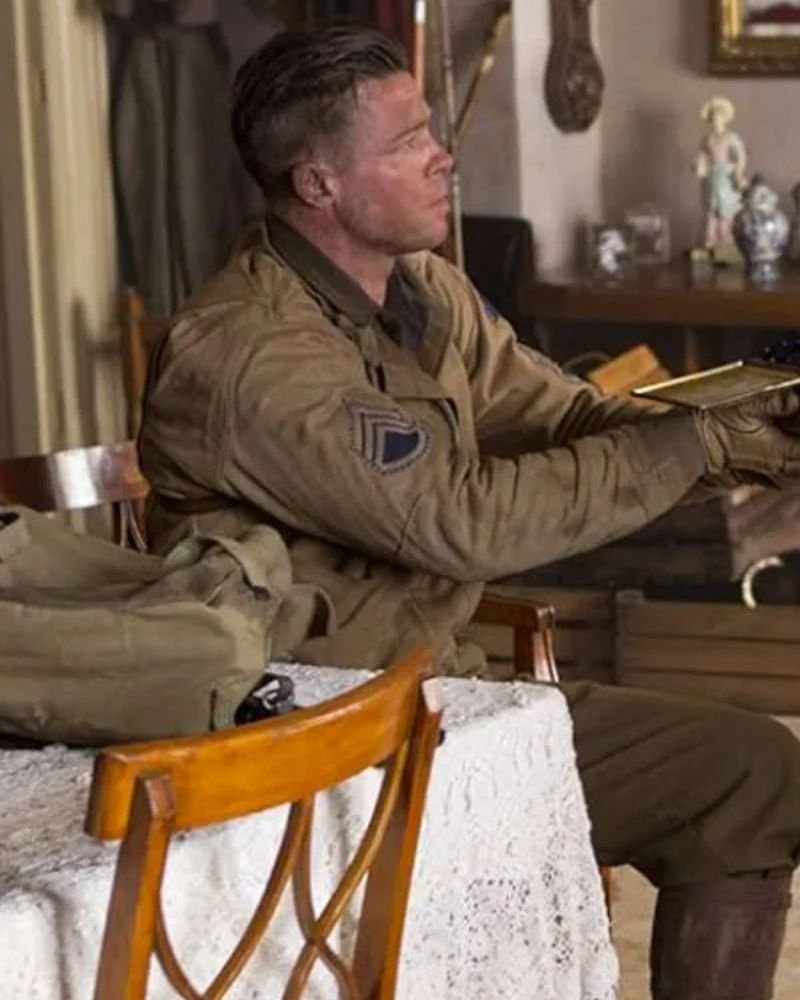 Fury Movie Khaki Cotton Jacket Worn by Brad Pitt  Premium Look