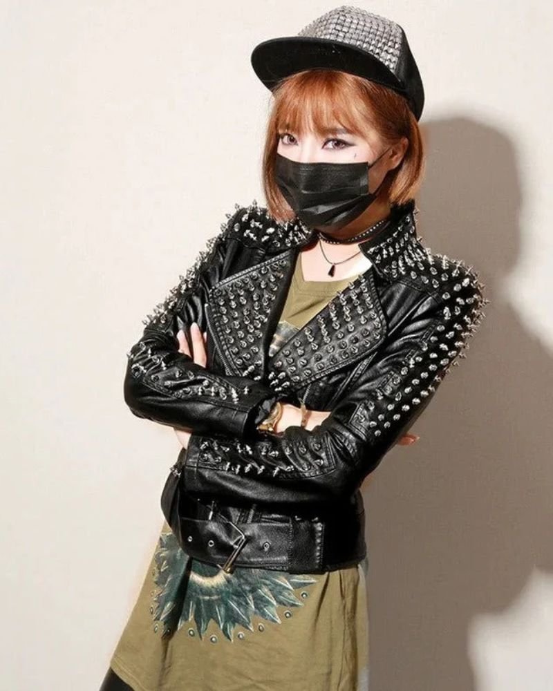 Women's Belted Punk Studded Leather Jacket