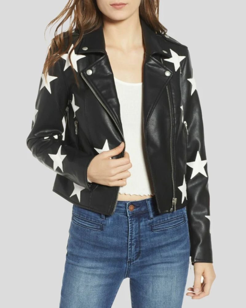 Midnight Allure Women’s Star-Embellished Black Leather Statement Jacket