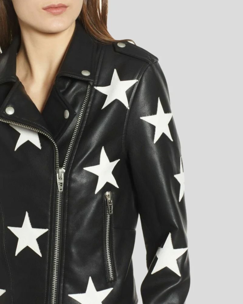 Midnight Allure Star-Studded Genuine Leather Jacket for Women