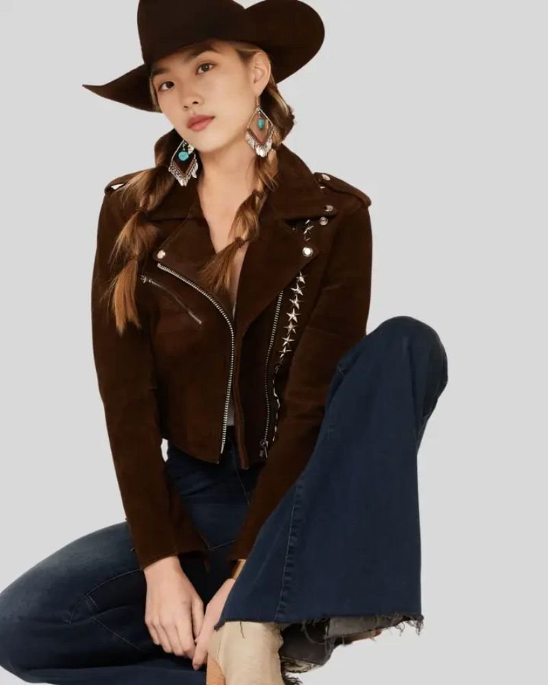 Brown Fringe Suede Studded Leather Jacket for Women