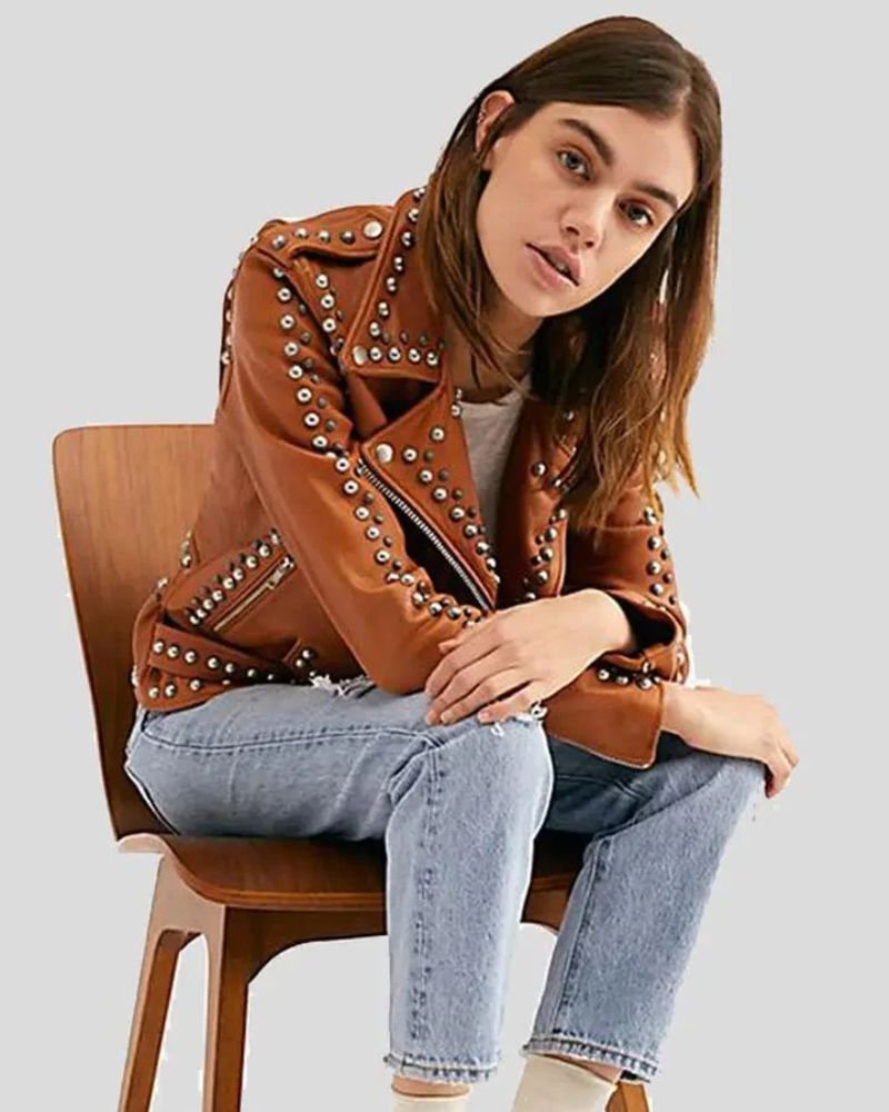 Women’s Tan Leather Jacket with Metal Stud Accents