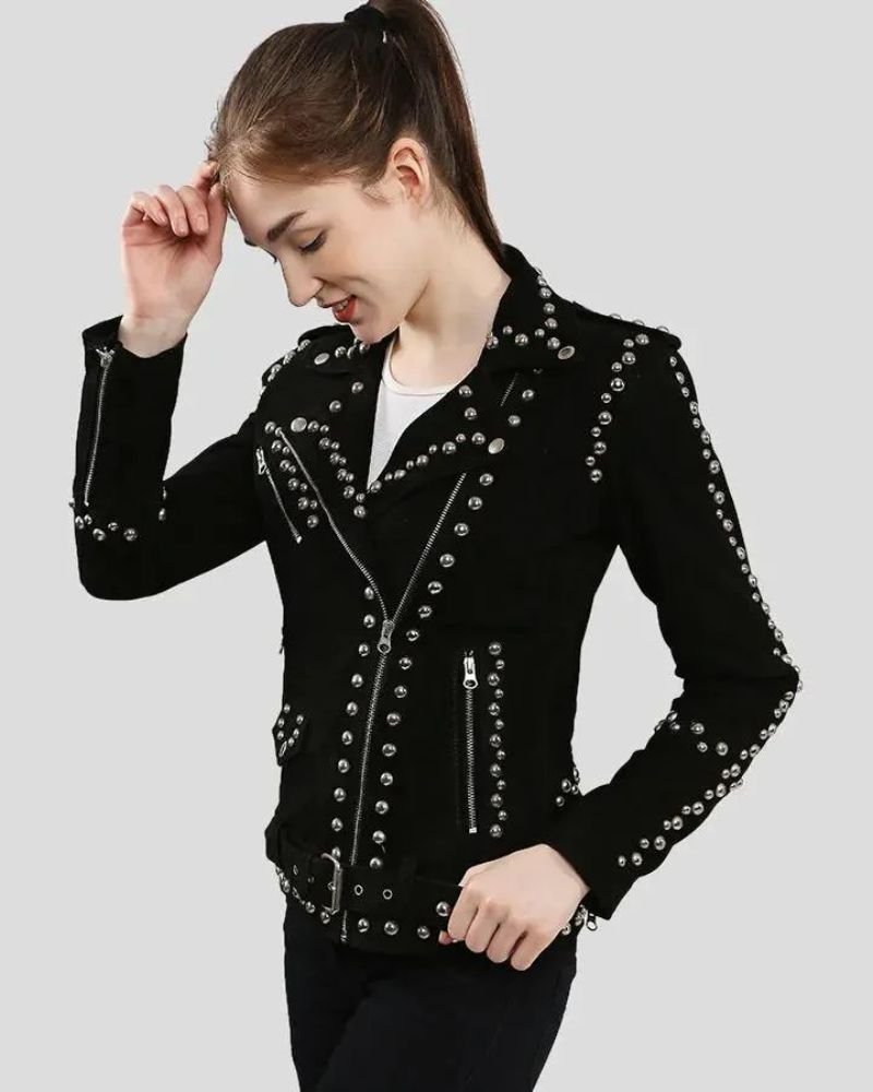 Elegant Black Suede Leather Jacket with Metal Studs