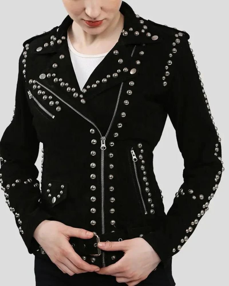 Trendy Black Suede Studded Biker Leather Jacket