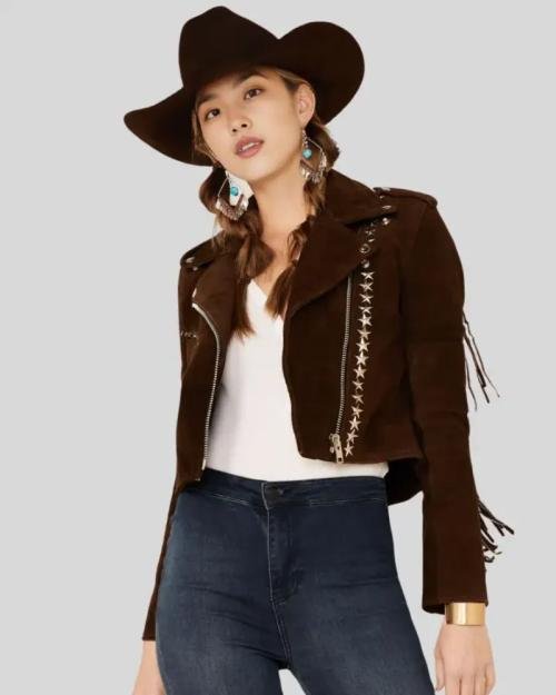 Brown Suede Fringe Jacket With Metal Stud Accents