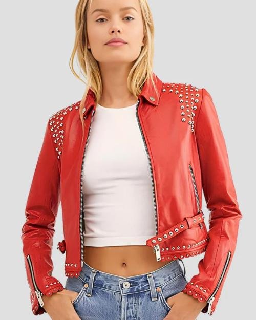 Trendy Red Stud-Accent Leather Fashion Jacket