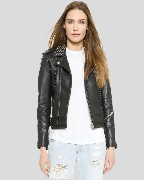Women’s Black Leather Jacket With Bold Stud Detailing