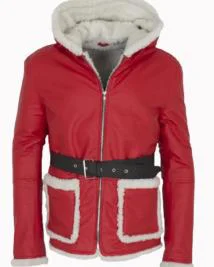 Christmas Hooded Fur Lined Red Leather Coat-