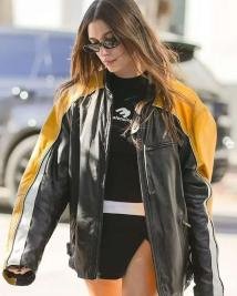 Iconic Hailey Bieber Black And Yellow Leather Jacket  Trendy Outerwear