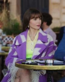 Stylish Lily Collins Emily In Paris Purple Wool Coat  Modern Chic Wear