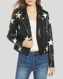 Midnight Allure Women’s Star-Embellished Black Leather Statement Jacket