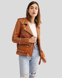 Premium Women’s Tan Leather Jacket With Stud Detailing