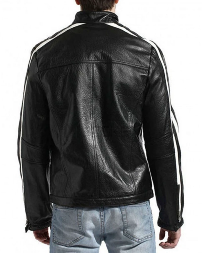 Biker Men's White Stripes Black Leather Jacket - image 2