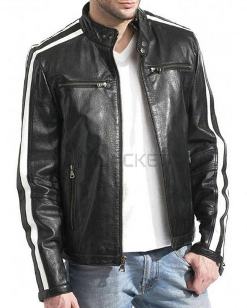 Biker Men's White Stripes Black Leather Jacket - image 3