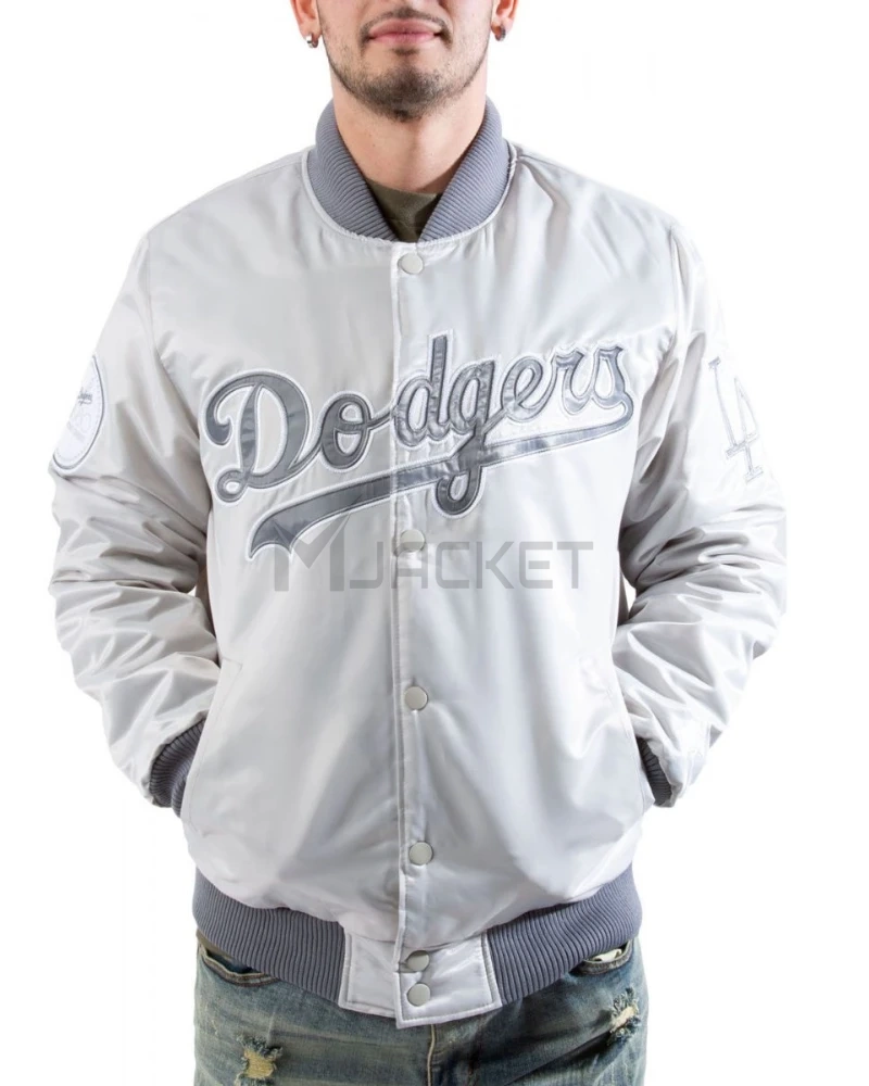 Bomber LA Dodgers Silver Satin Jacket - image 1