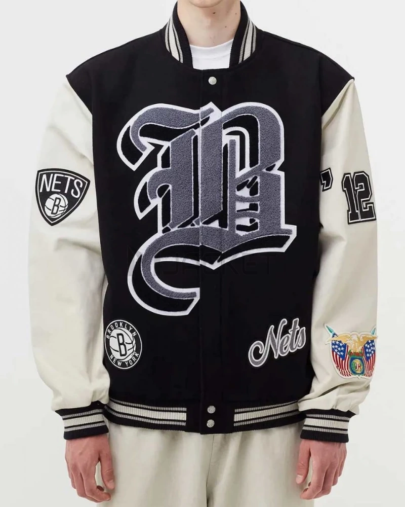 Brooklyn Nets 12 Letterman Black Wool and Leather Jacket - image 1