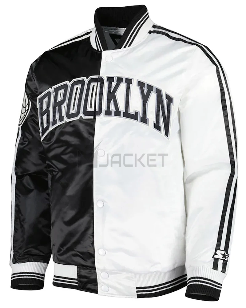 Brooklyn Nets Fast Break Black/White Satin Jacket - image 1