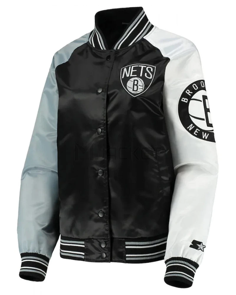 Brooklyn Nets Reliever Raglan Full-Snap Satin Black and Gray Jacket - image 1
