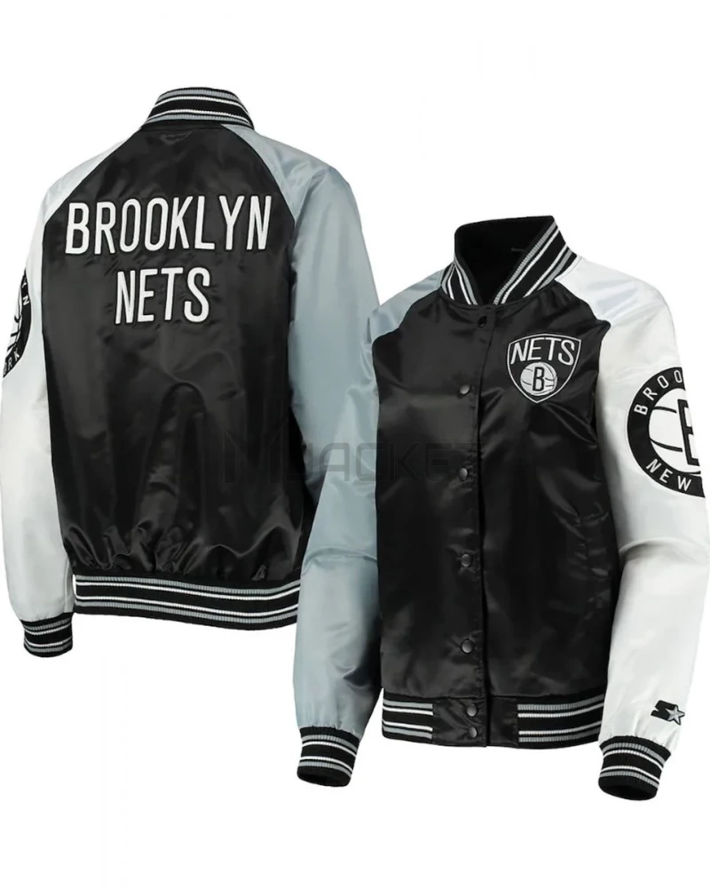 Brooklyn Nets Reliever Raglan Full-Snap Satin Black and Gray Jacket - image 3