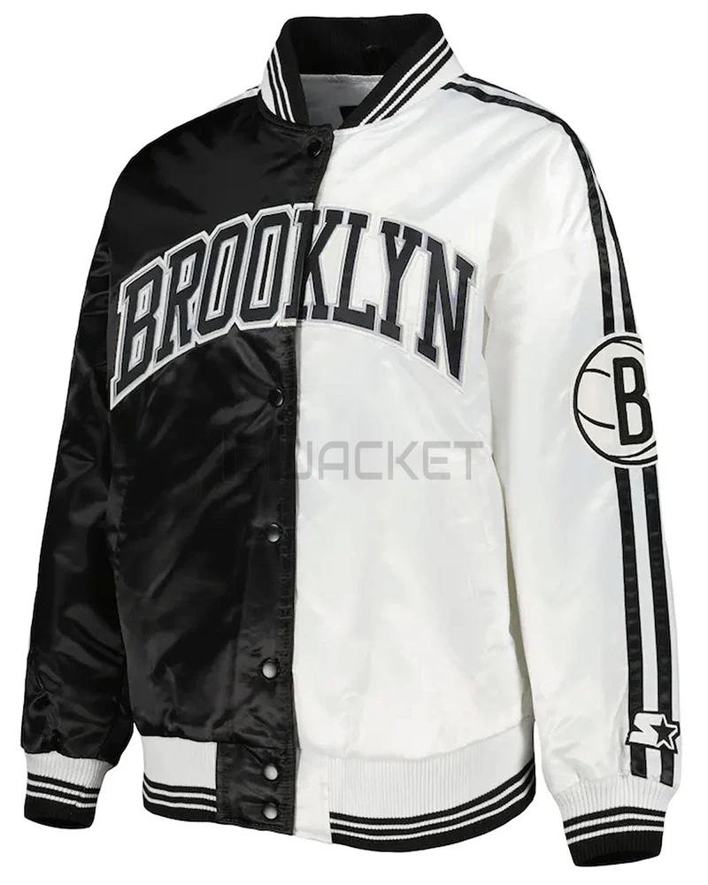 Brooklyn Nets Split Colorblock Black and White Satin Jacket - image 1