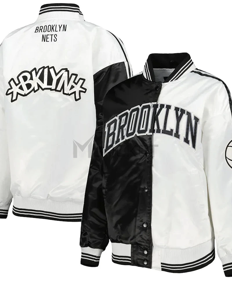 Brooklyn Nets Split Colorblock Black and White Satin Jacket - image 3