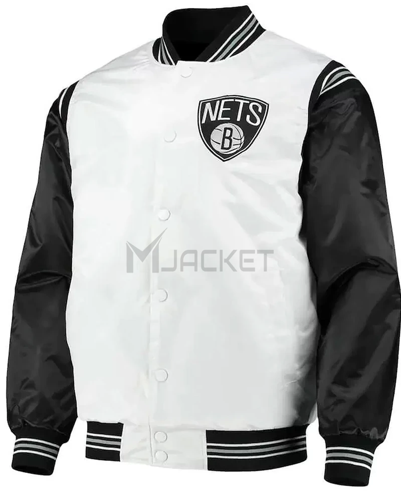 Brooklyn Nets White and Black Varsity Satin Jacket - image 1