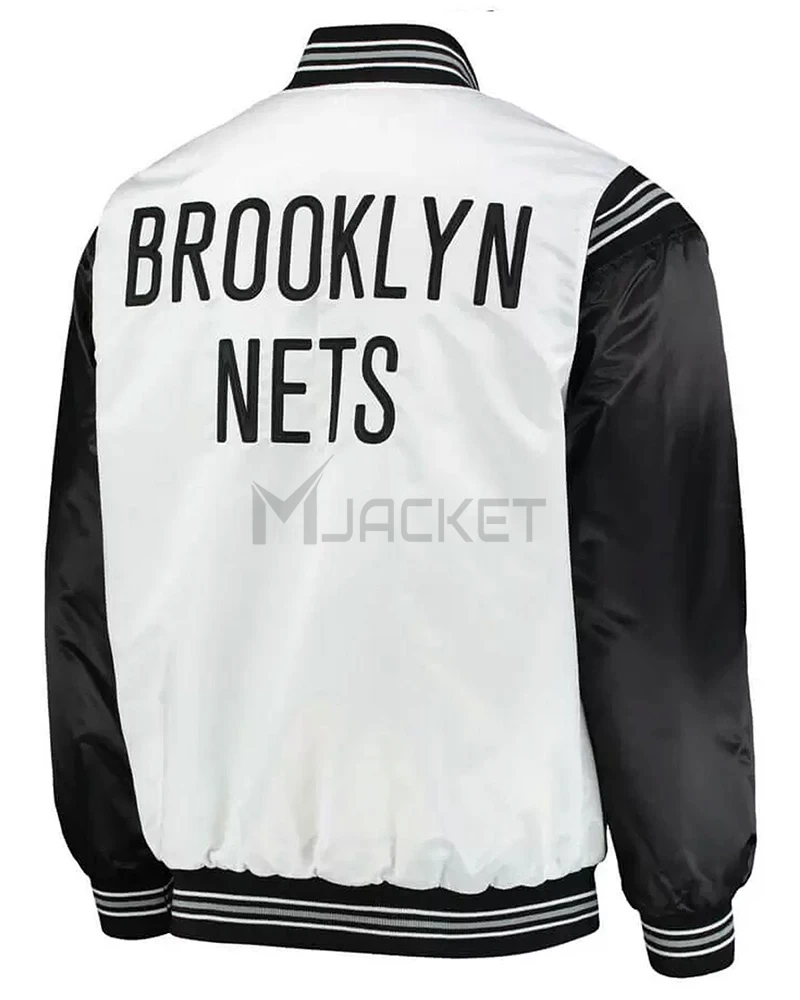 Brooklyn Nets White and Black Varsity Satin Jacket - image 2