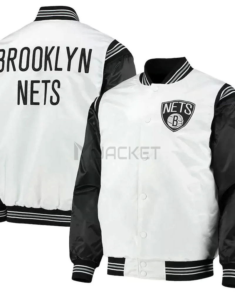 Brooklyn Nets White and Black Varsity Satin Jacket - image 3
