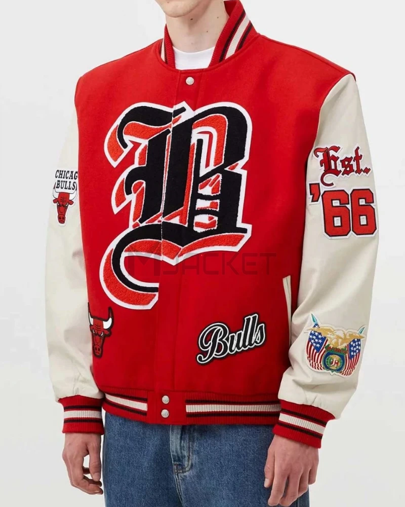 Chicago Bulls Red Wool and White Leather Varsity Letterman Jacket - image 1