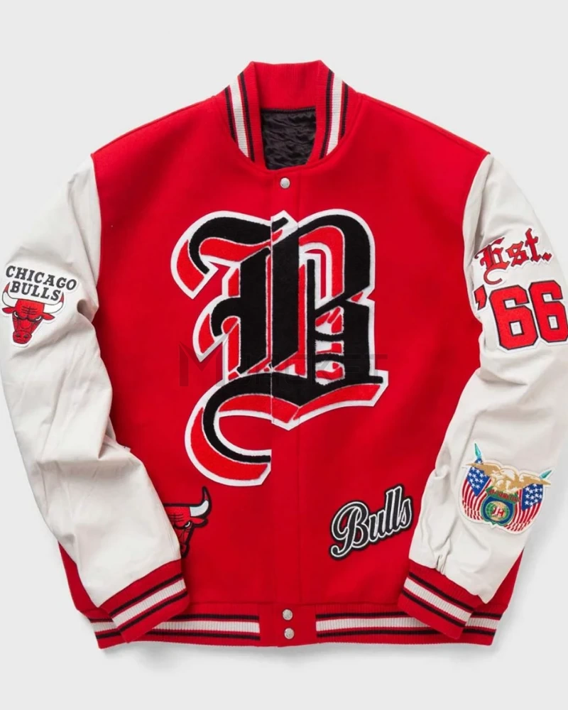 Chicago Bulls Red Wool and White Leather Varsity Letterman Jacket - image 3
